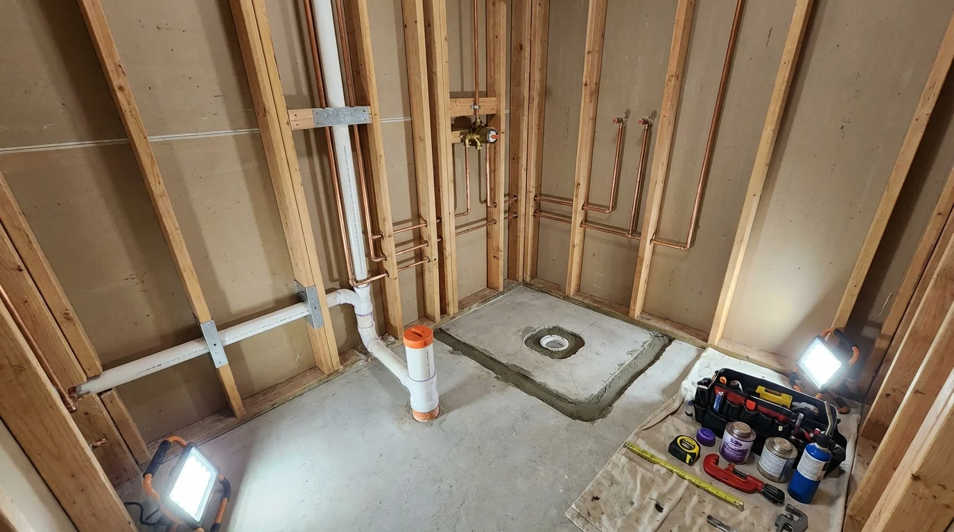 Bathroom rough-in plumbing during remodel by Johns Plumbing LLC in Kimberling City