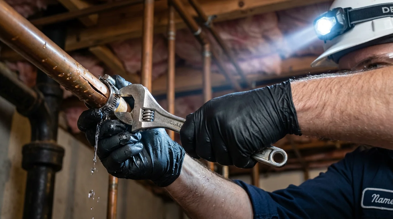Emergency pipe clamp repair being performed by a Johns Plumbing LLC plumber in Kimberling City