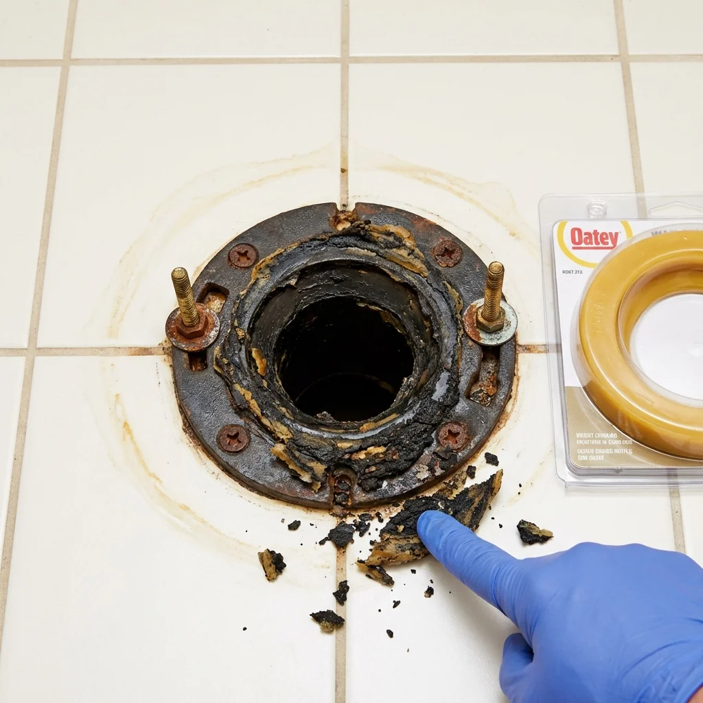 Failed wax ring showing water seepage at the base of a toilet in a Kimberling City, MO home