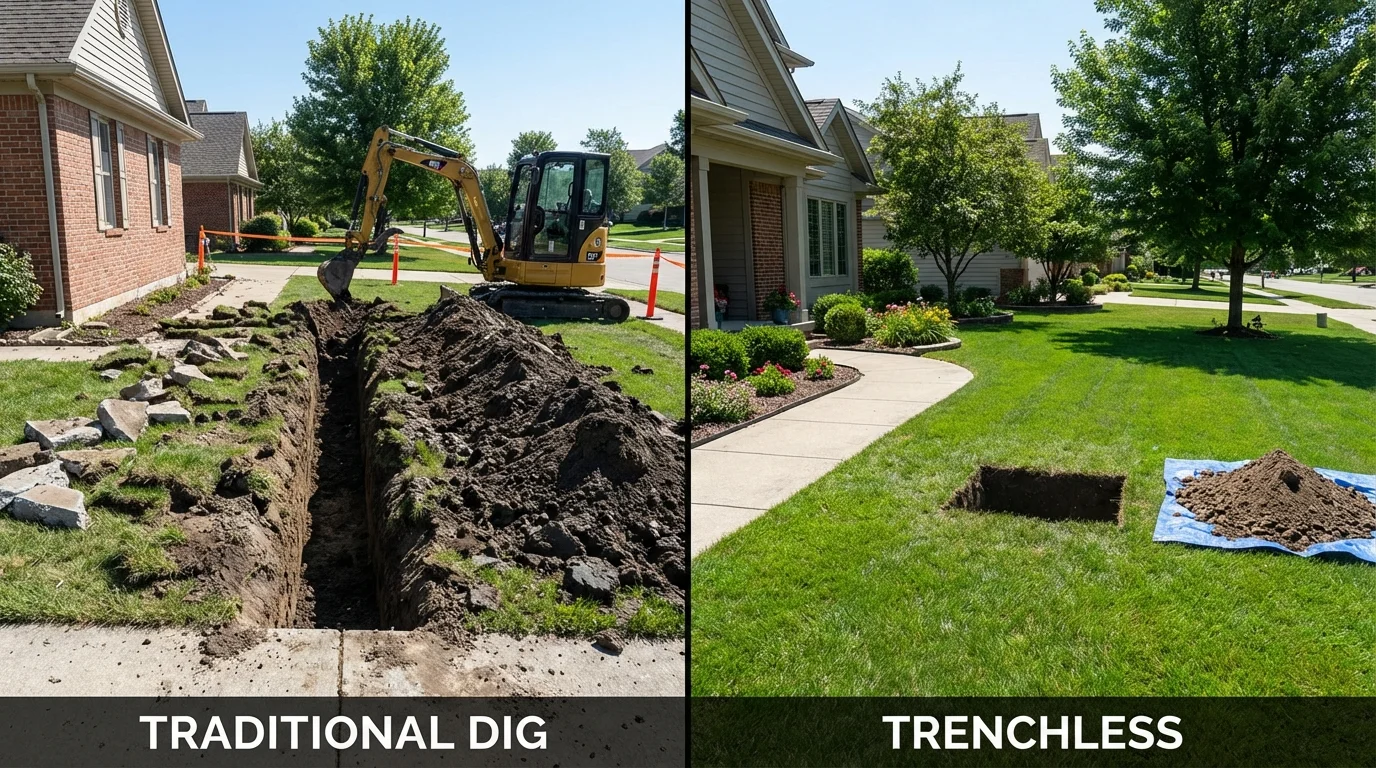 Trenchless sewer repair with minimal yard damage versus traditional excavation in Kimberling City, MO