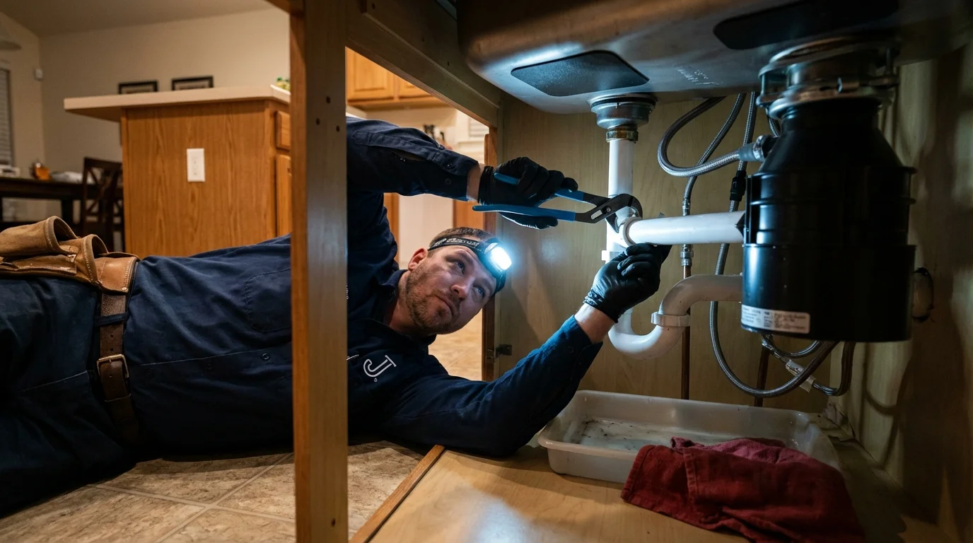 P-trap and supply line connections under a kitchen sink showing a common leak point in Kimberling City, MO